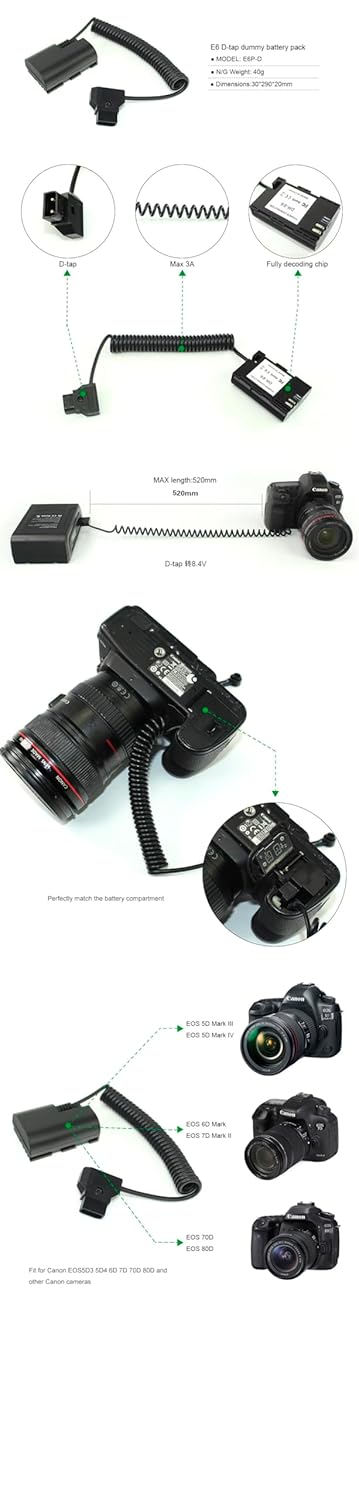 Lanparte D tap E6 Battery Dummy Fixed Voltage Fit for Canon EOS5D3,5D4,6D,7D,70D,80D and Canon Cameras(E6P-D)